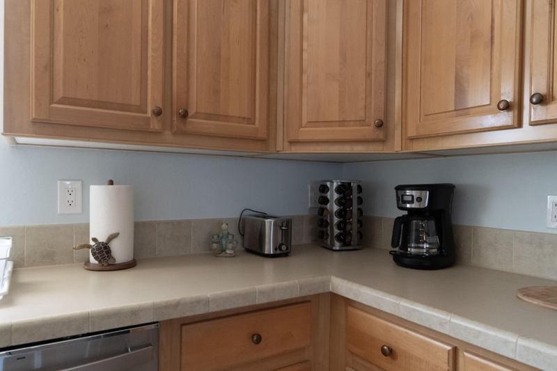 Kitchen counter with a coffee maker and toaster