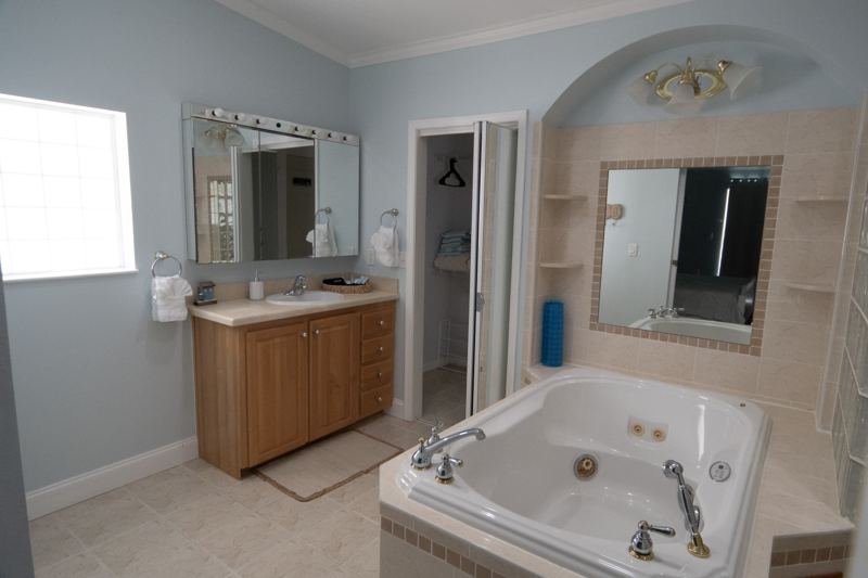 Master bathroom vanity beside the jetted tub